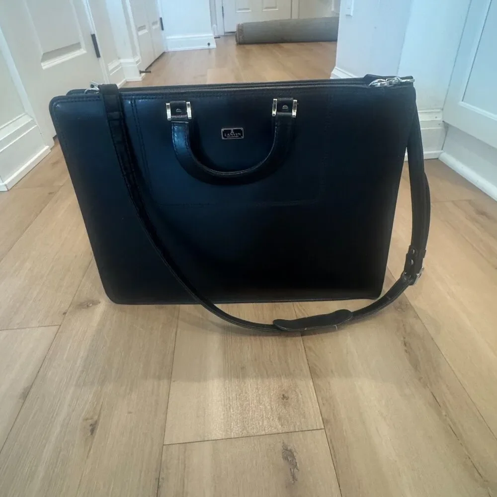 LANVIN COLLECTION Leather Business Bag w Three-Way Zip in Black Leather